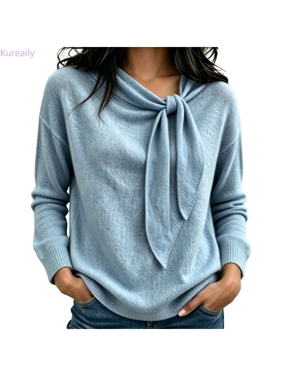 Women's Fall Tie Knot Neck Knit Sweater Long Sleeve Pullover Top (Blue)