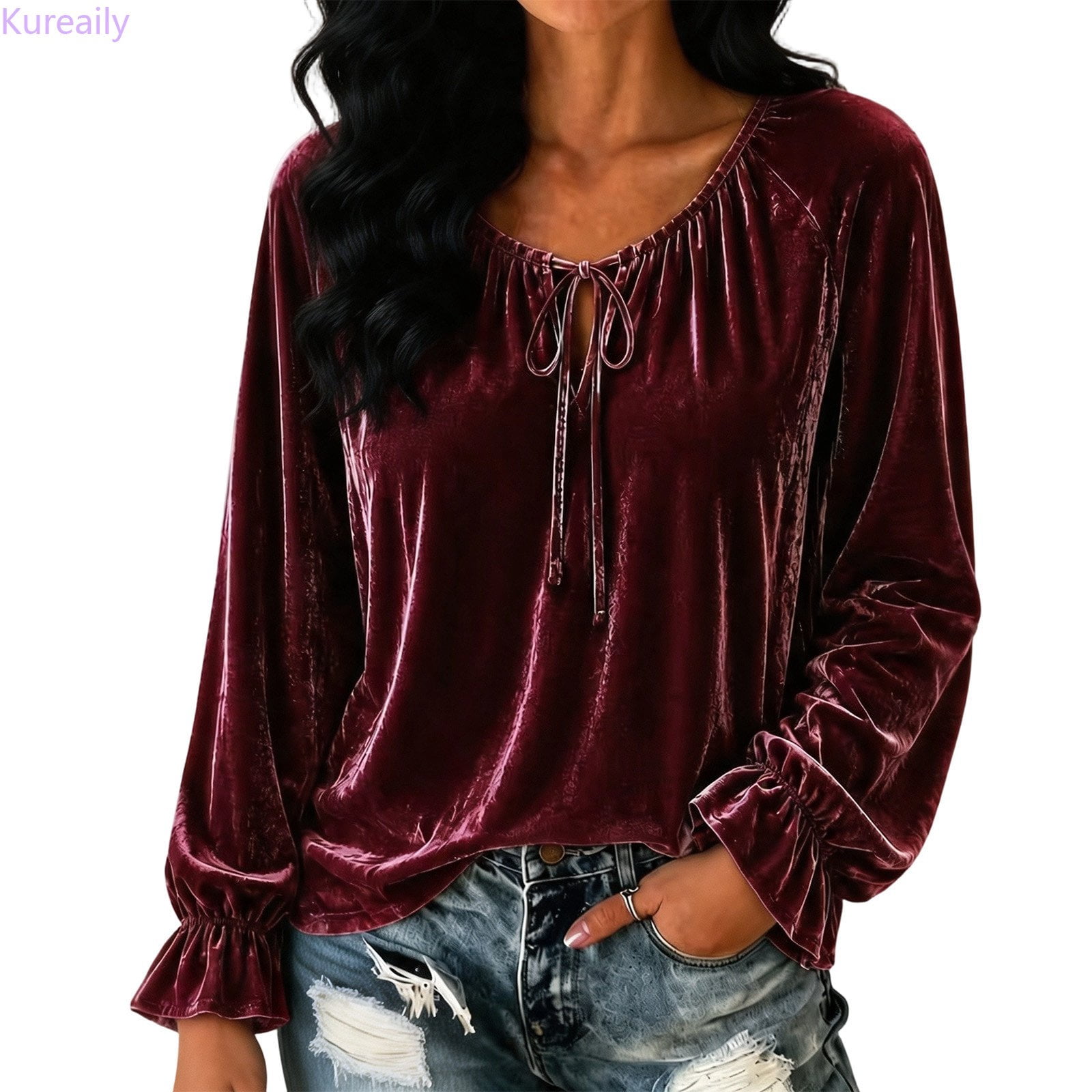 Kureaily Women's Fall Velvet Tie Neck Ruffle Peasant Blouse Top (Red ...