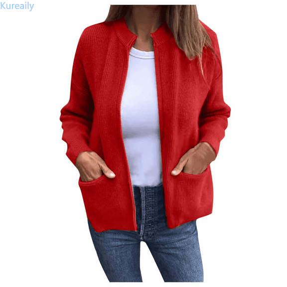 Kureaily Women’s Fall Winter Casual Stylish Solid Color Pocket Cardigan Jacket Long Sleeve Cardigan
