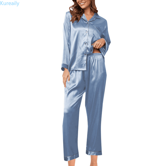 Kureaily Women's Fashionable Pajama Set Silk Pajamas 2 Piece Satin Pajama Set Long Sleeve Button Down Casual Suit With Pants Casual Sleepwear