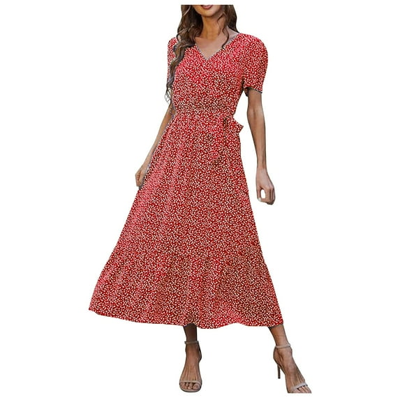 Kureaily Women's Flower Summer Dress V Neck Short Sleeved Belt Pleated Hem A Shaped Bohemian Dress Features: