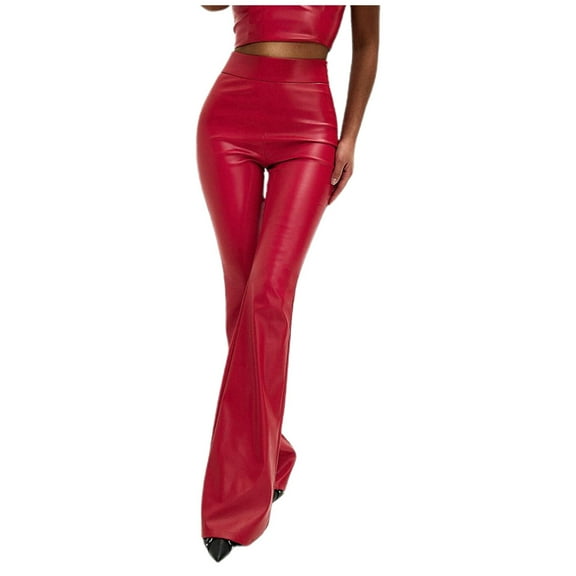 Kureaily Women's High Waist Leather Pants Solid Color PU Shiny Flared Trousers Slim Fit Bottoms Women Stretchy Trousers