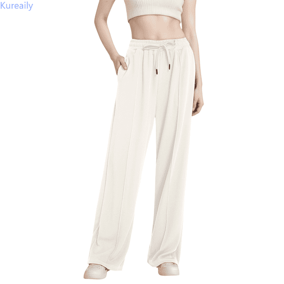 Kureaily Women's High Waisted Drawstring Waist Wide Leg Sweatpants With Pockets Casual Loose Yoga Pants Women Stretchy Trousers