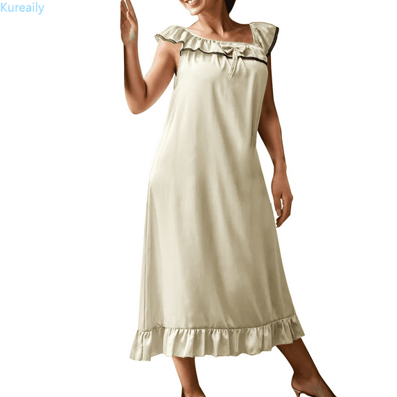 Kureaily Women's Imitation Silk Nightgown With Oversized Ice Silk Nightgown Soft Pajamas Dress