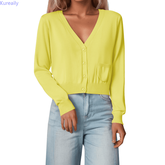 Kureaily Women's Lightweight Knit Cardigan Long Sleeve Short V Neck Open Front Sweater Casual Wear With Pockets For Spring Fall Winter Lightweight Clothing