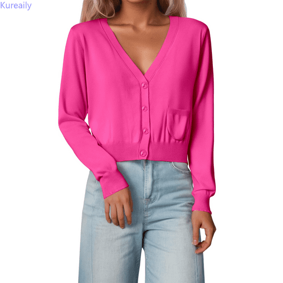 Kureaily Women's Lightweight Knit Cardigan Long Sleeve Short V Neck Open Front Sweater Casual Wear With Pockets For Spring Fall Winter Womens Long Cardigan