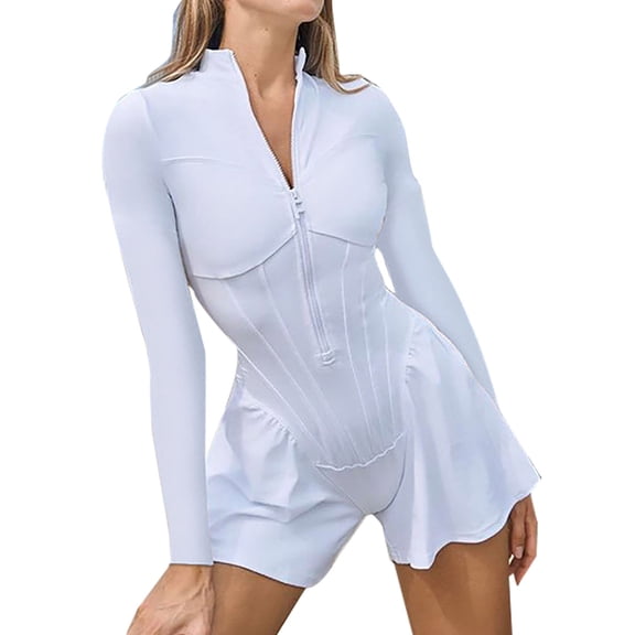 Kureaily Women's Long Sleeve Solid Color Casual Sports With Zipper Shorts Jumpsuit Women Stretchy Trousers