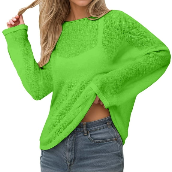 Kureaily Women's Oversized Long Sleeve Mesh Loose Fit T Shirt Breathable See Through Blouse Top For Casual Vacation Solid Color T shirt