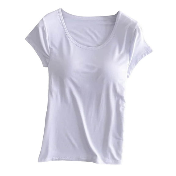 Kureaily Women's Padded Built-in-Bra T-Shirts Short-Sleeve Crew Neck Bra Tops Tee Pajamas