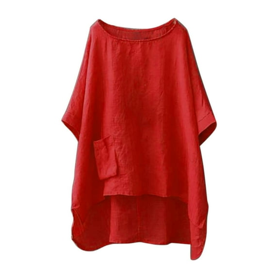 Kureaily Women's Plus Size Round Neck Pocket Solid Color Irregular T Shirt Casual Summer Tees