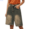 thumbnail image 1 of Kureaily Women's Retro Distressed Denim Shorts Loose Straight Leg 5 Pocket Hot Pants, 1 of 5