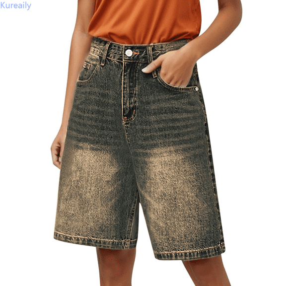Kureaily Women's Retro Distressed Denim Shorts Loose Straight Leg 5 Pocket Hot Pants