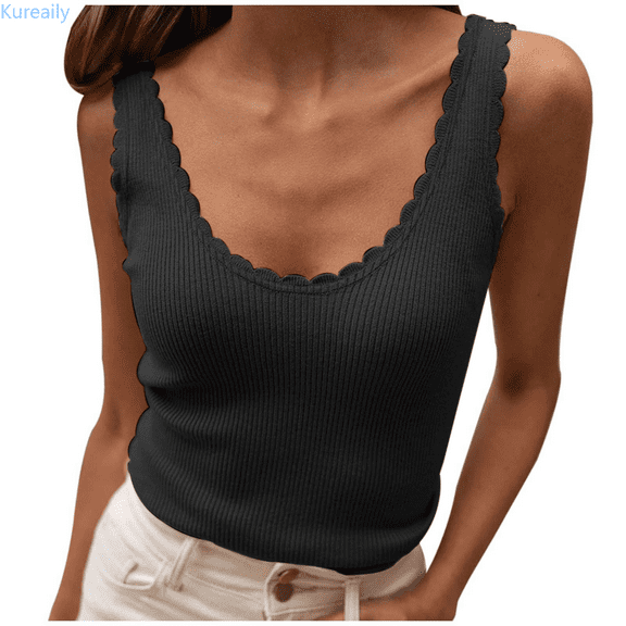 Kureaily Women's Ribbed Knit Tank Top Sleeveless Neck Casual Shirt For Summer Solid Color Camisole
