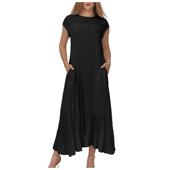 Kureaily Women's Round Neck Sleeveless Pleated Long Dress Womens Summer Dress Mini Dress Casual