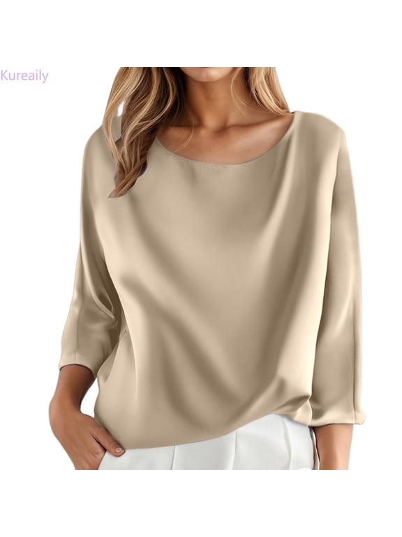 Women's Satin Boat Neck Dolman 3/4 Sleeve Loose Relaxed Blouse (Rose Gold)