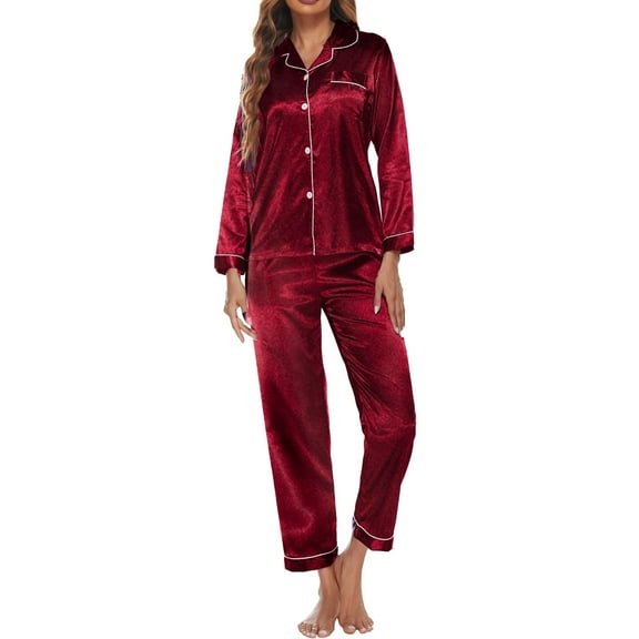 Kureaily Women's Satin Pajama Set Long Sleeve Button Down Sleepwear 2-Piece Silky Pj Set