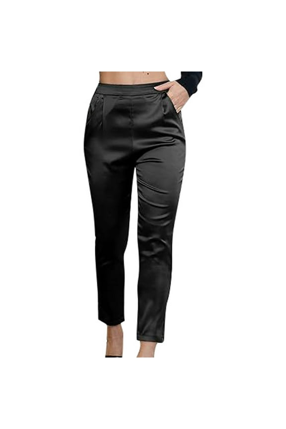 Women's Satin Silky Dress Casual Elastic High Waist Stretch Elegant Pants Trousers Loose Lounge Trousers