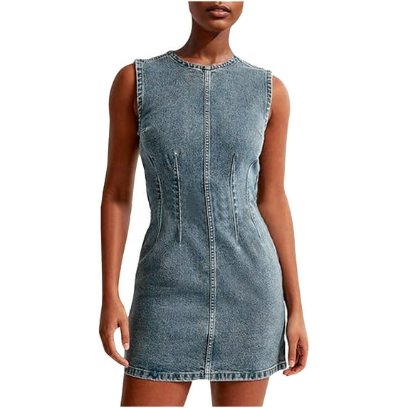 Kureaily Women’s Sleeveless Bodycon Denim Mini Dress Casual Waist Tank Jean Dresses French Dresses for Women Deep V Neck Dress
