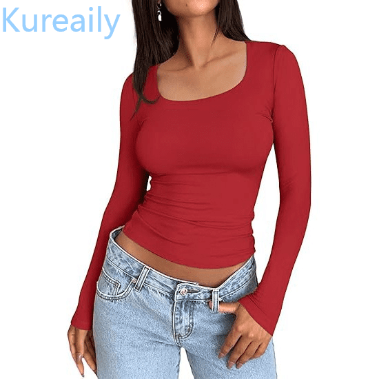 Kureaily Women’s Slim Tops Long Sleeve Round Neck Crop Top Tee Shirt Basic Solid Tight Slim Fit Cropped Shirt Workout Yoga Long Sleeve Shirts Crop Tops Basic Slim Fit T Shirts Solid Color T shirt