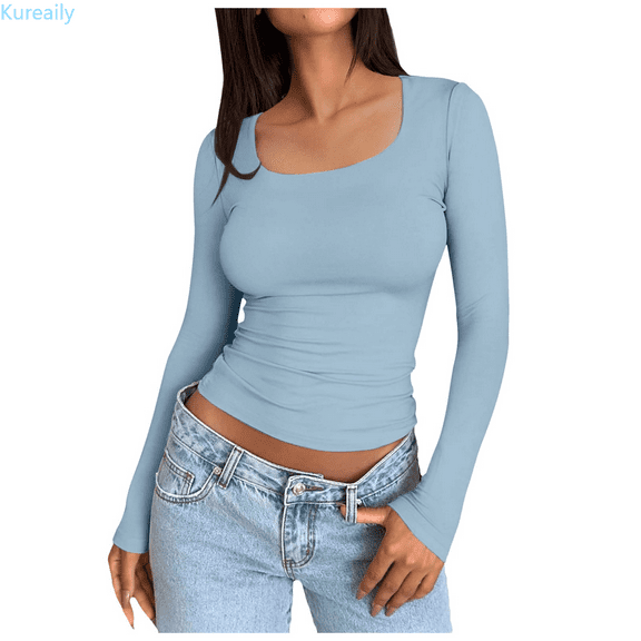 Kureaily Women’s Slim Tops Long Sleeve Round Neck Crop Top Tee Shirt Basic Solid Tight Slim Fit Cropped Shirt Workout Yoga Long Sleeve Shirts Crop Tops Basic Slim Fit T Shirts Casual T Shirts