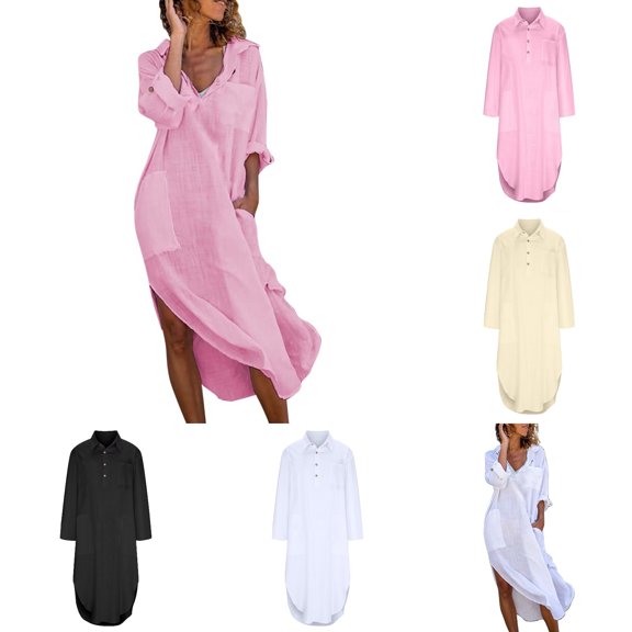 Kureaily Women's Solid Color Button Openings Loose Casual Shirt Long Dress (Red,Small)