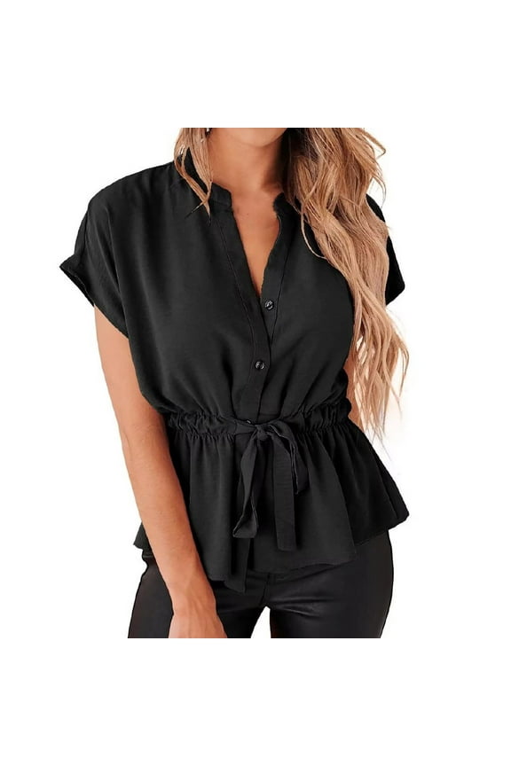 Women's Solid Color Casual Button Up Batwing Sleeve Chiffon Blouse With Ruffle Trim Loose Collared Blouses