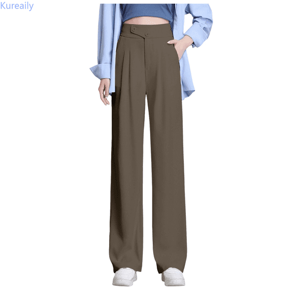 Kureaily Women's Solid Color Casual Wide Leg Pants High Waisted Suit Pants Draping Straight Floor Length Pants Beach Lounge Pants