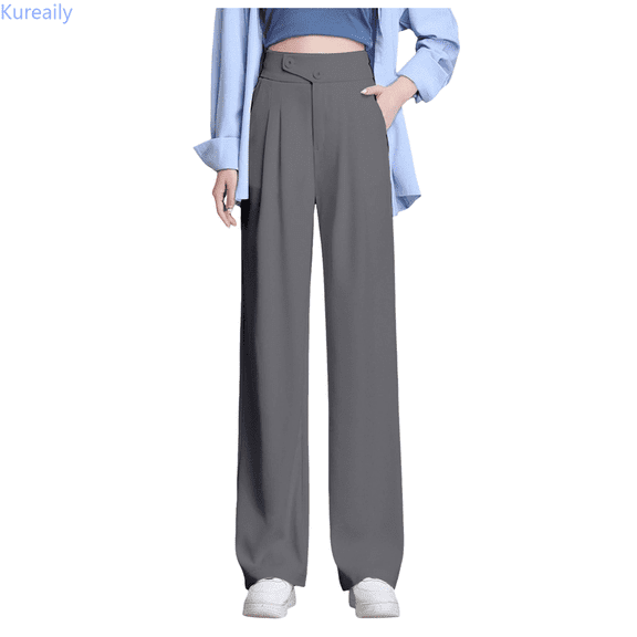 Kureaily Women's Solid Color Casual Wide Leg Pants High Waisted Suit Pants Draping Straight Floor Length Pants Women Casual Pants