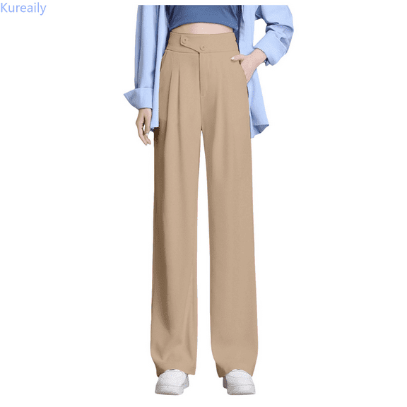 Kureaily Women's Solid Color Casual Wide Leg Pants High Waisted Suit Pants Draping Straight Floor Length Pants Women Stretchy Trousers
