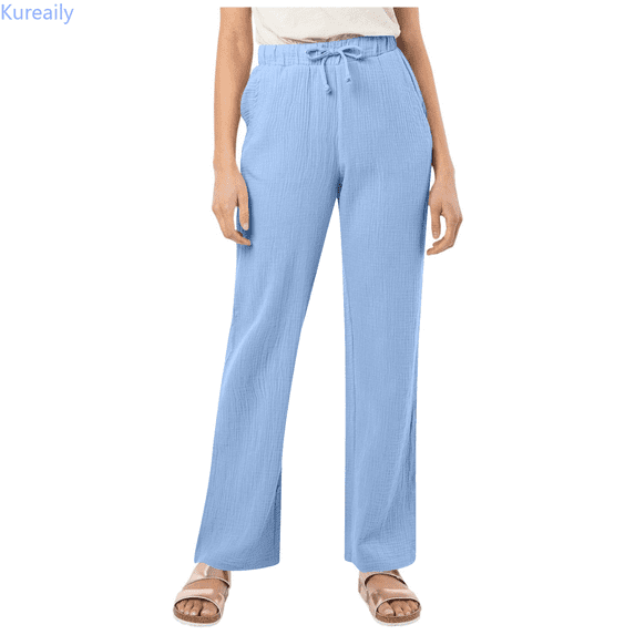 Kureaily Women's Solid Color Cotton Casual Pants With Drawstring Waist And Pleated Linen Blend Trousers Women's Wide Leg Pants