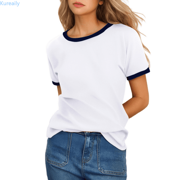 Kureaily Women's Solid Color Crew Neck Short Sleeve T Shirt With Contrast Trim Casual T Shirts