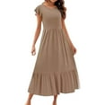 thumbnail image 1 of Kureaily Women's Solid Color Round Neck Pleated Dress With Pockets, 1 of 4