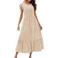 thumbnail image 1 of Kureaily Women's Solid Color Round Neck Pleated Dress With Pockets, 1 of 4