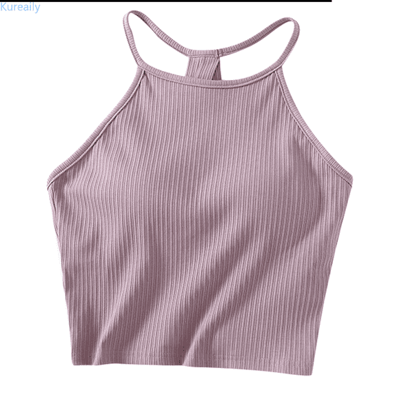 Kureaily Women's Solid Color Threaded Chest Pad With Navel Strap Hanging Neck With Cotton Bra Thin Shoulder Strap Cup And Cup Integrated Sports Top Solid Color Tank Tops