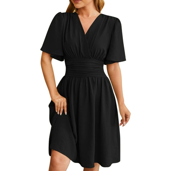 Kureaily Women's Solid Color V Neck Waist Waist Flared Sleeves Fashion Dress