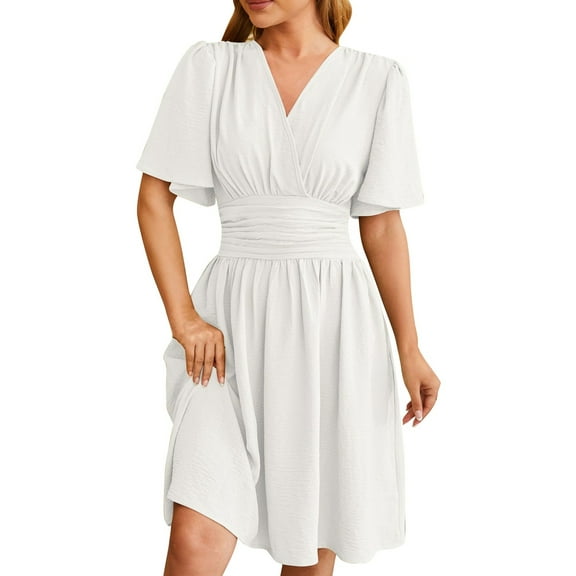 Kureaily Women's Solid Color V Neck Waist Waist Flared Sleeves Fashion Dress