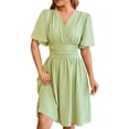 thumbnail image 1 of Kureaily Women's Solid Color V Neck Waist Waist Flared Sleeves Fashion Dress, 1 of 1