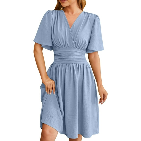 Kureaily Women's Solid Color V Neck Waist Waist Flared Sleeves Fashion Dress