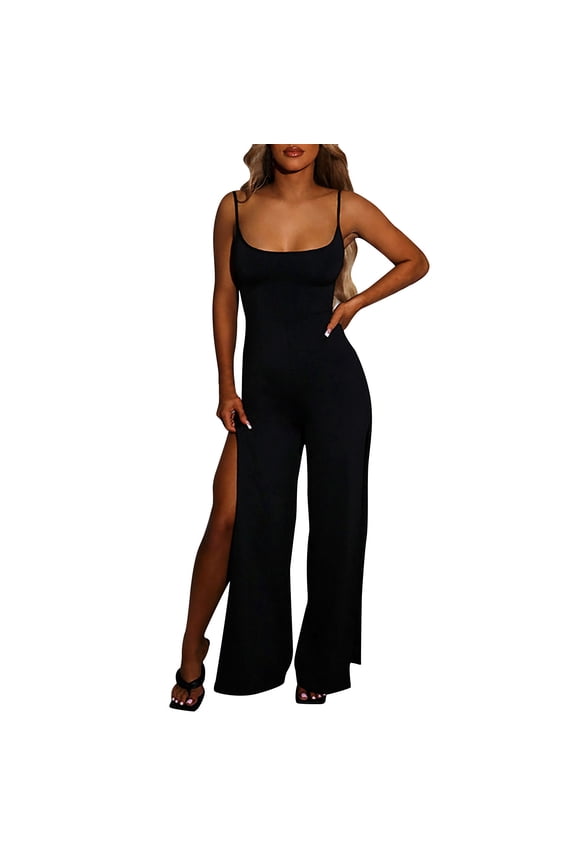 Women's Spring And Summer Solid Color Split Pants Backless Suspender Jumpsuit Women's Wide Leg Jumpsuit