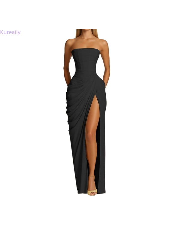 Women's Strapless Ruched Maxi Evening Gown, Corset‑Back Draped High‑Slit Formal Body‑con Long Prom Dress (Black,S)