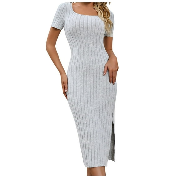 Kureaily Women's Summer Bodycon Casual Short Sleeve Square Neck Midi Dress Knit Side Slit Long Ribbed Dresses