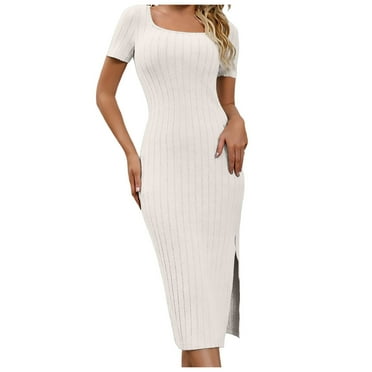 Kureaily Women's Summer Bodycon Casual Short Sleeve Square Neck Midi Dress Knit Side Slit Long Ribbed Dresses