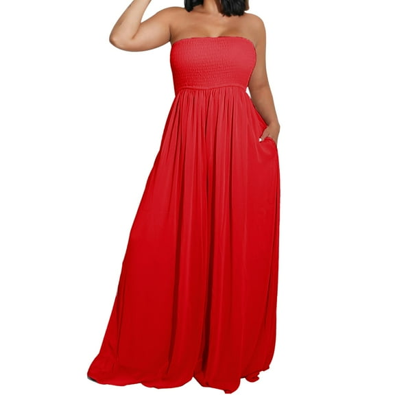 Kureaily Women's Summer Casual Smocked Wide Leg Jumpsuit Romper Sleeveless Tube Neck Jumpsuit Women Casual Jumpsuit