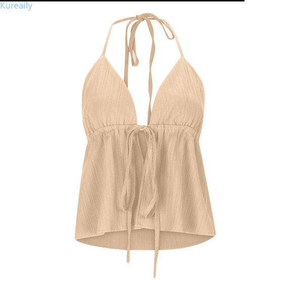 Kureaily Women's Summer Casual Solid Color Lace Up Jacquard Drawstring Back Suspenders Top Scoop Neck Tank Top