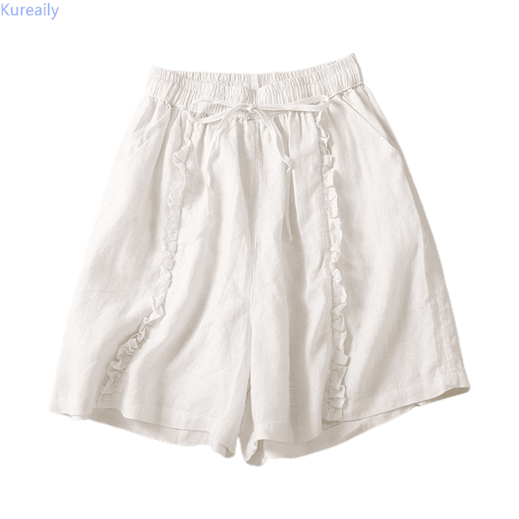 Kureaily Women's Summer Linen High Waist Wide Leg Shorts With Ruffled Hem | Retro Vintage Style Casual Loose