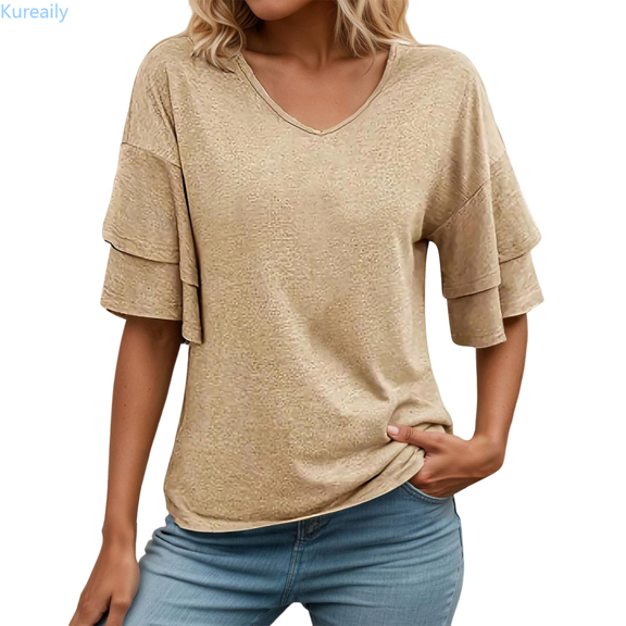 Kureaily Women's Summer Solid Color V Neck Tee With Double Layer Flared Mid Sleeves Casual Loose Fit Top Solid Color T shirt