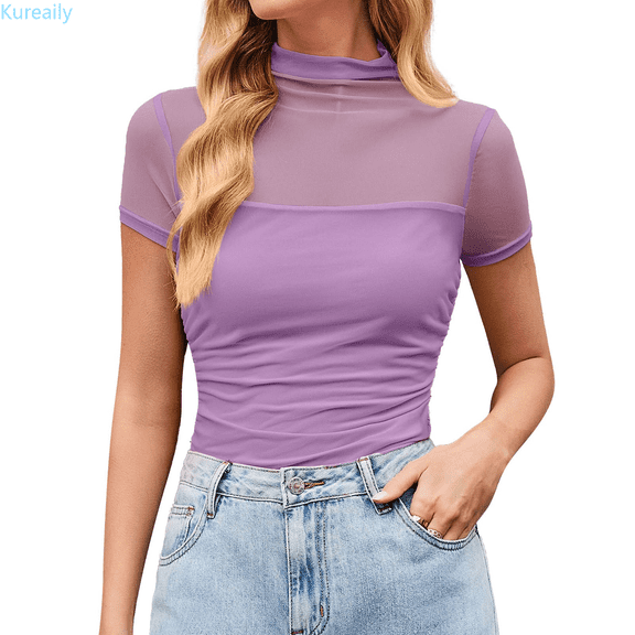 Kureaily Women's T Shirt Round Neck Mesh Blouse Summer Casual Party Vacation Top With Hollow Out Design Pure Color Athletic Tee T-Shirts
