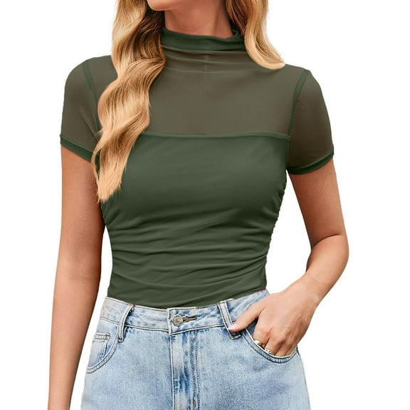 Kureaily Women's T Shirt Round Neck Mesh Blouse Summer Casual Party Vacation Top With Hollow Out Design Pure Color Solid Color T shirt