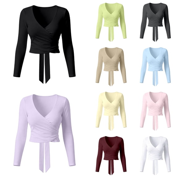 Kureaily Women's Wrap V-Neck Side Tie Fitted Long Sleeve Cropped Top ...