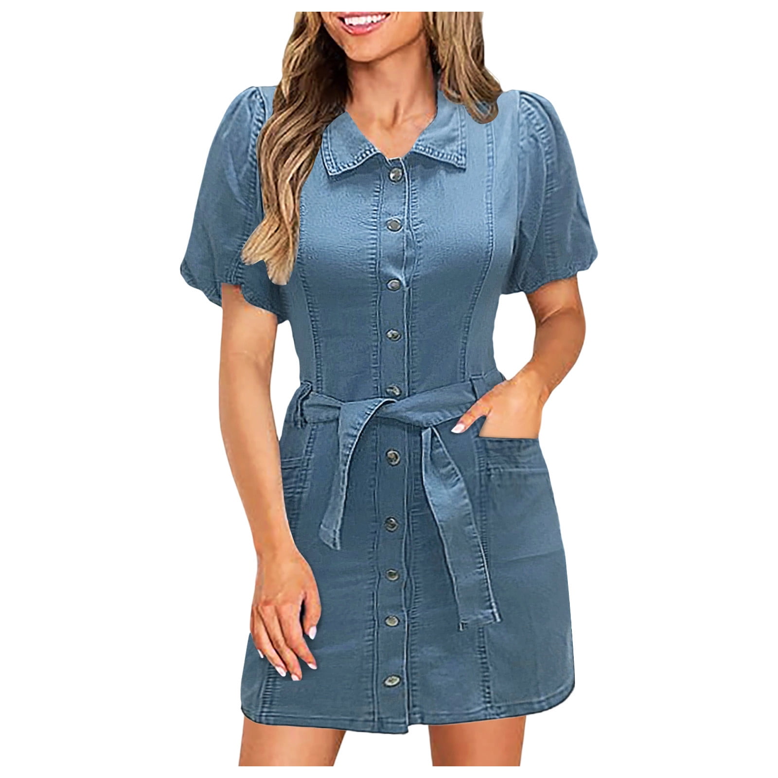 white christmas dresses Dark blue denim puff sleeve long dress – DESTREE